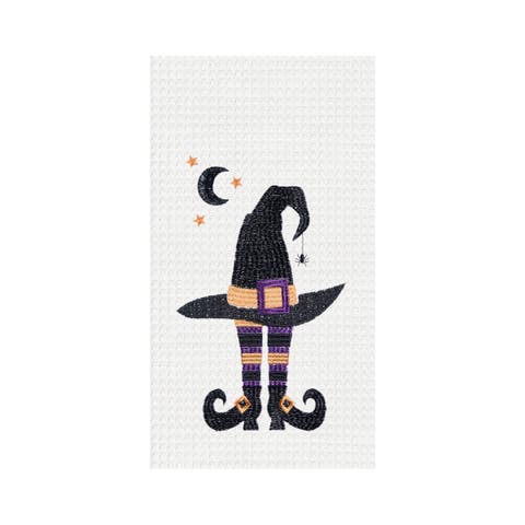 Witchy Hat with Waning Crescent Moon Halloween Embroidered Cotton Waffle Weave Dishtowel