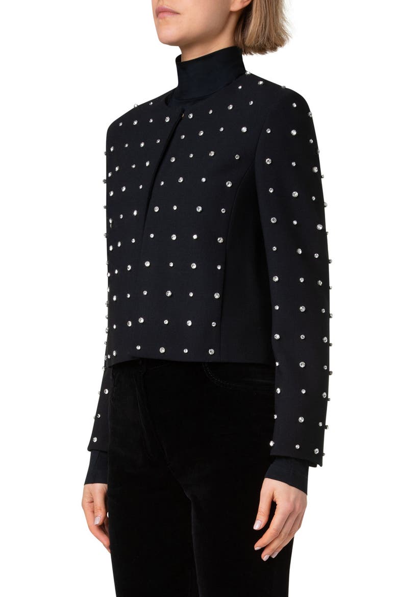 Crystal Stud Stretch Wool Crepe Jacket, Alternate, color, BLACK