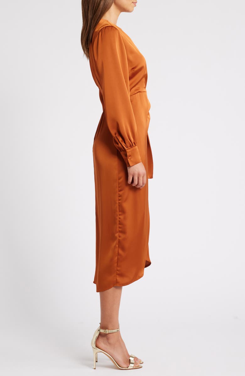 Sam Edelman Fluid Long Sleeve Satin Faux Wrap Midi Dress, Alternate, color, Copper