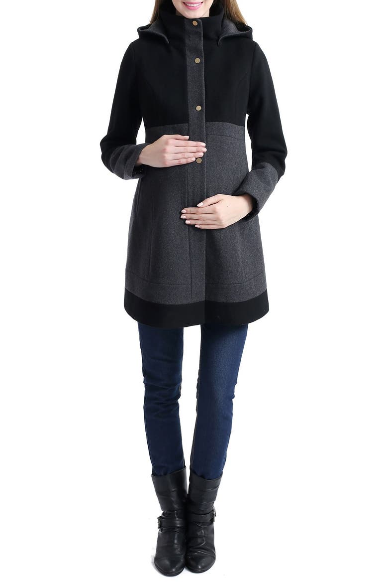 Tessa Colorblock Wool Blend Maternity Coat, Alternate, color, BLACK