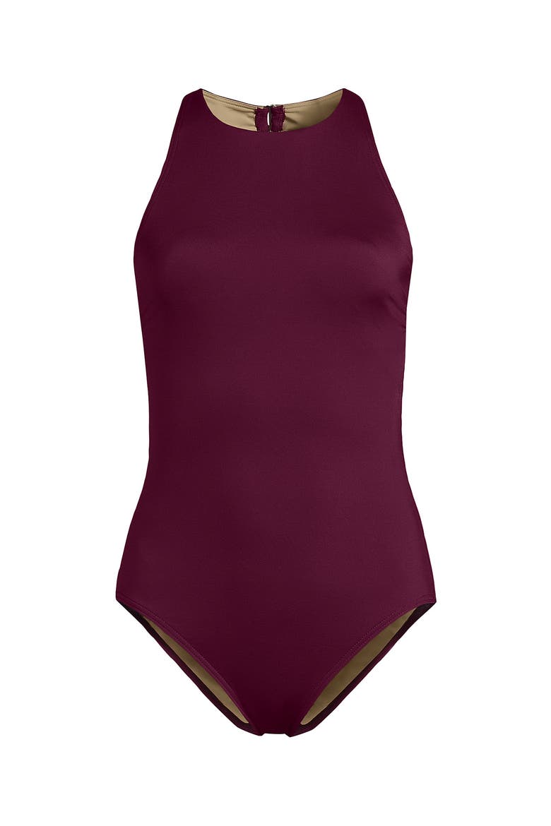 Tugless High Neck Portrait Back One Piece Swimsuit, Alternate, color, Berry