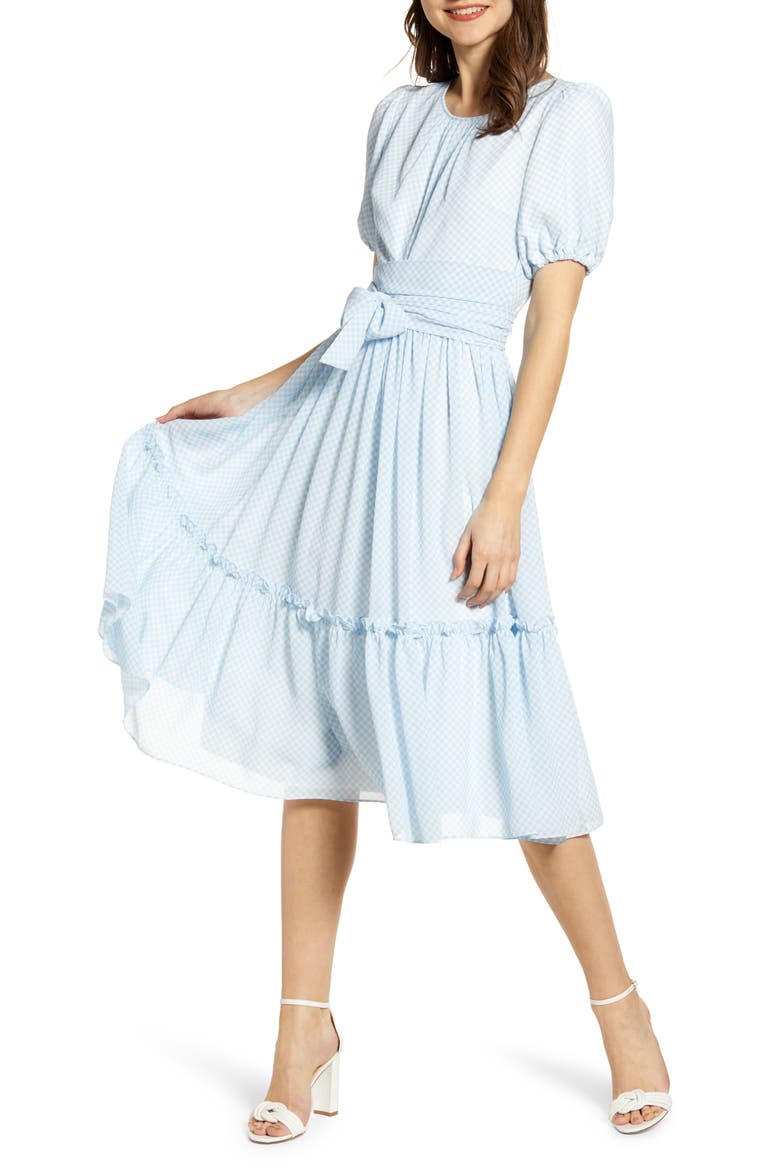 Gingham Puff Sleeve Dress, Main, color, BLUE SKYWAY GINGHAM