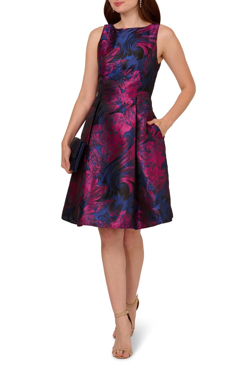 Adrianna Papell Floral Jacquard Back Cutout Cocktail Dress, Alternate, color, Navy/ Orchid