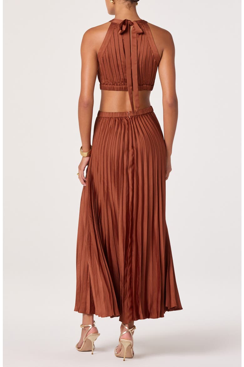 Vera Pleated Cutout Satin Maxi Dress, Alternate, color, RUST