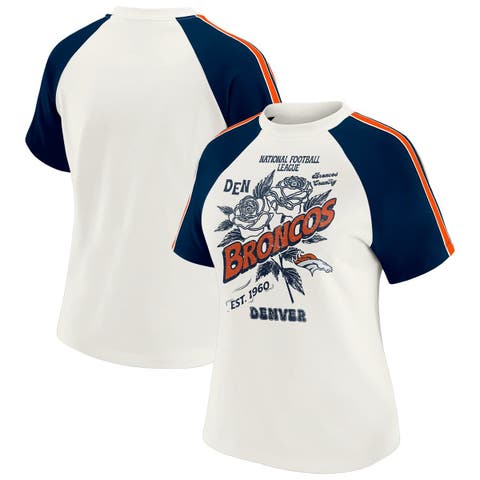 Women's WEAR by Erin Andrews White Denver Broncos Sleeve Stripe Distressed Raglan T-Shirt