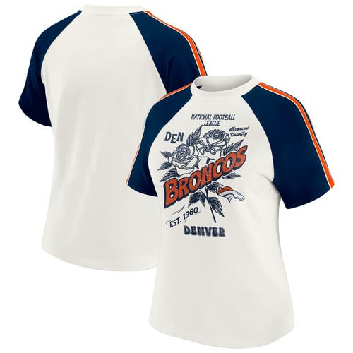 Wear By Erin Andrews White Denver Broncos Sleeve Stripe Distressed Raglan T-shirt In White