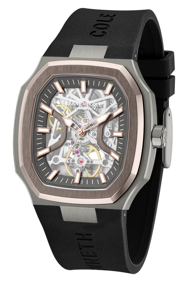 Automatic Leather Strap Watch, 40mm x 47.5mm, Alternate, color, BLACK