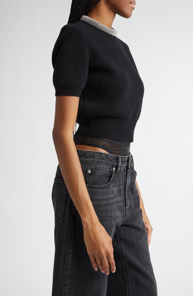 Alexander Wang Short Sleeve Crop Wool & Cashmere Sweater with Crystal Hotfix Tubular Collar, Alternate, color, 