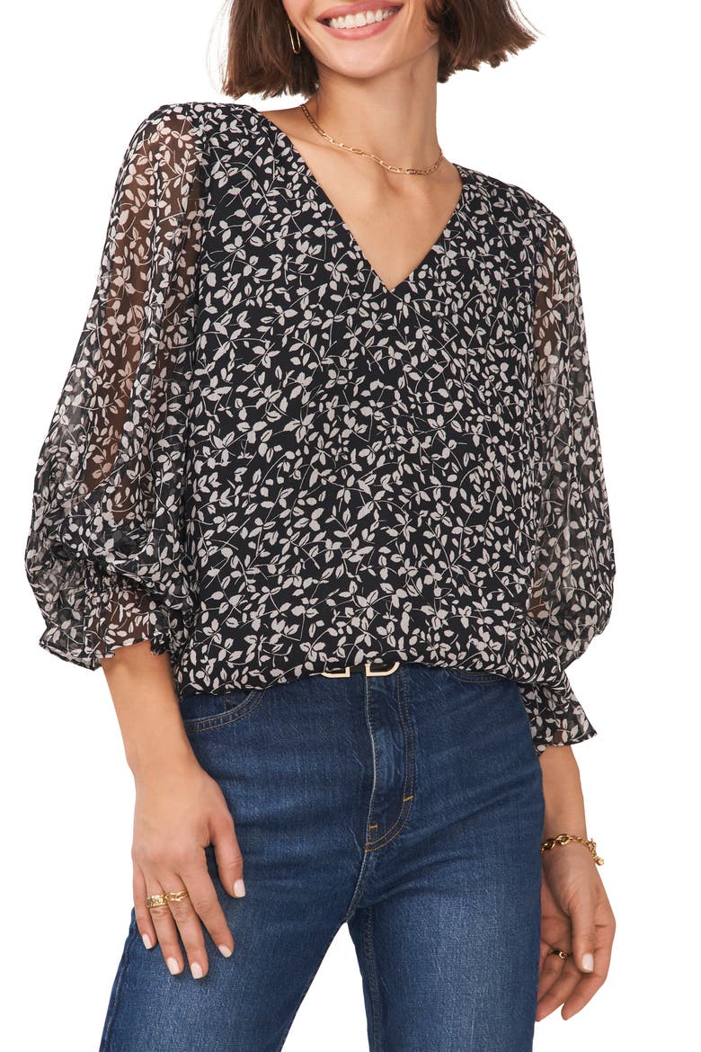 Print V-Neck Blouse, Main, color, RICH BLACK