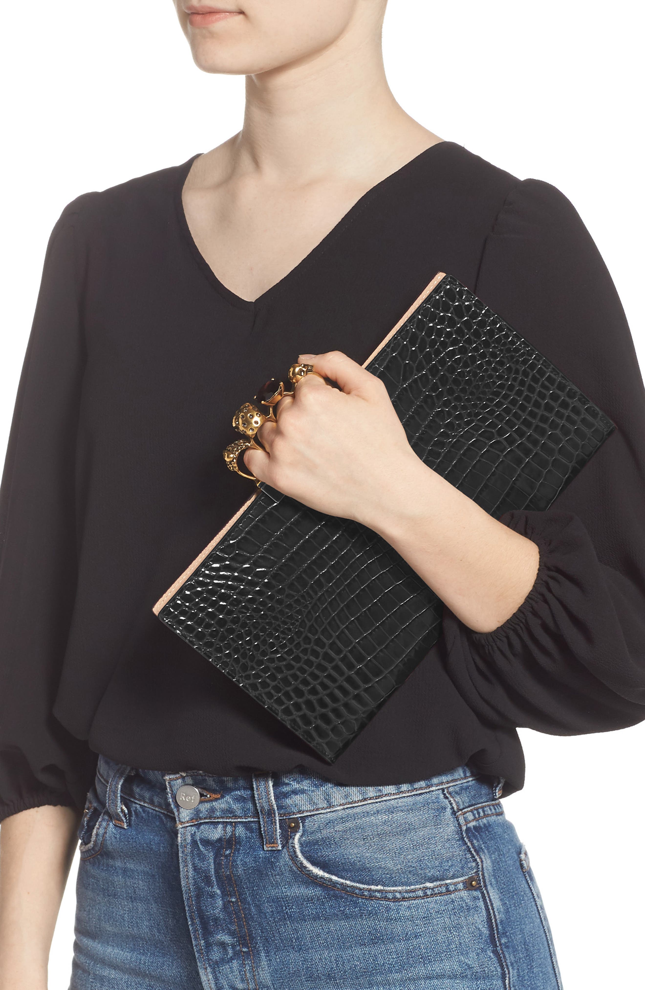 McQueen Alexander McQueen Croc Embossed Leather Knuckle Clutch, Alternate, color, 