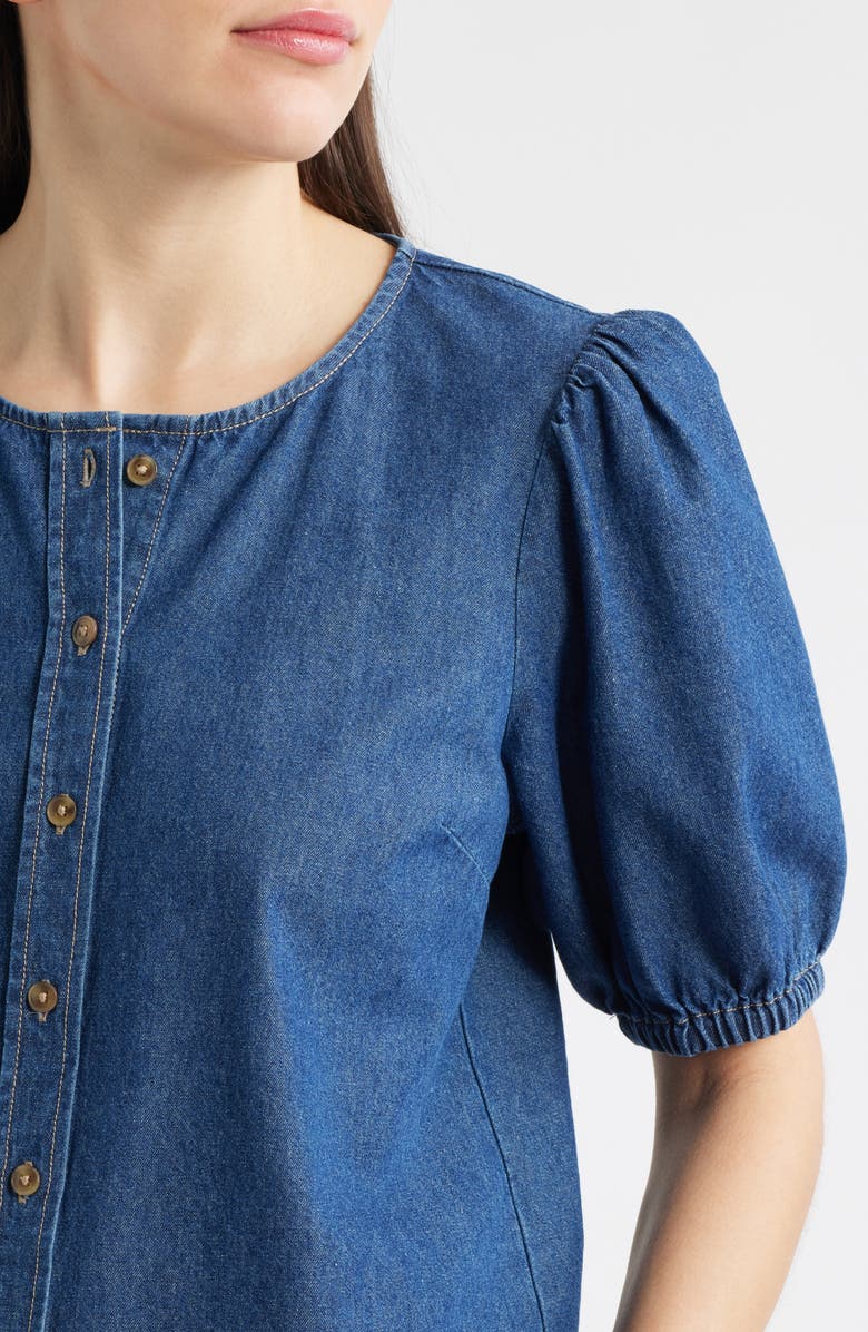 Anne Klein Puff Sleeve Denim Button-Up Shirt, Alternate, color, 