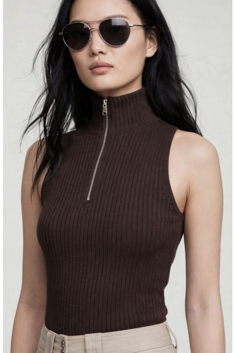 Selina Half-Zip Ribbed Sleeveless Sweater Top, Main, color, Espresso