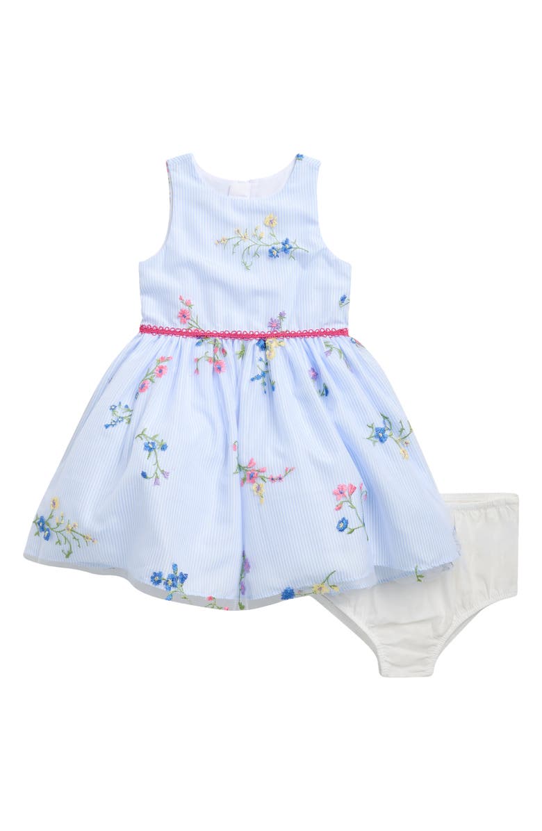 Pippa & Julie Kids' Embroidered Floral Stripe Dress & Bloomers, Main, color, Blue/ White
