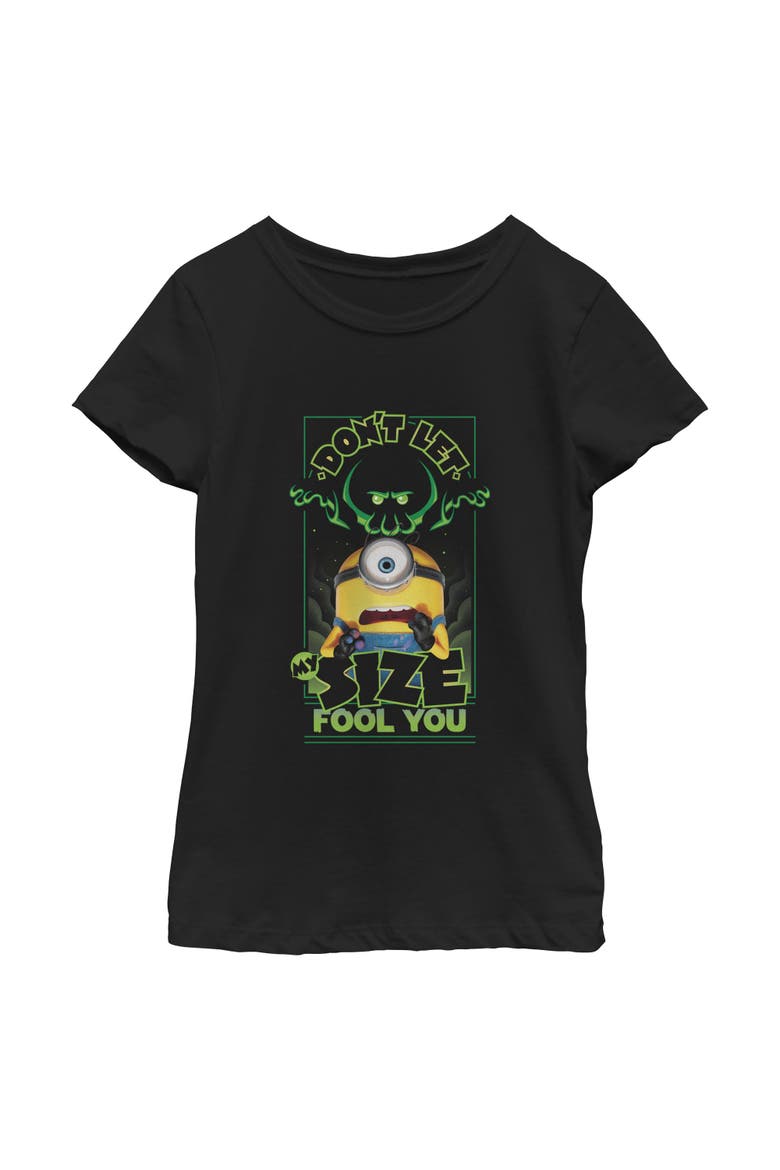 Girl's Minions & Monsters Don't Let My Size Fool You  Graphic T-Shirt, Main, color, Black