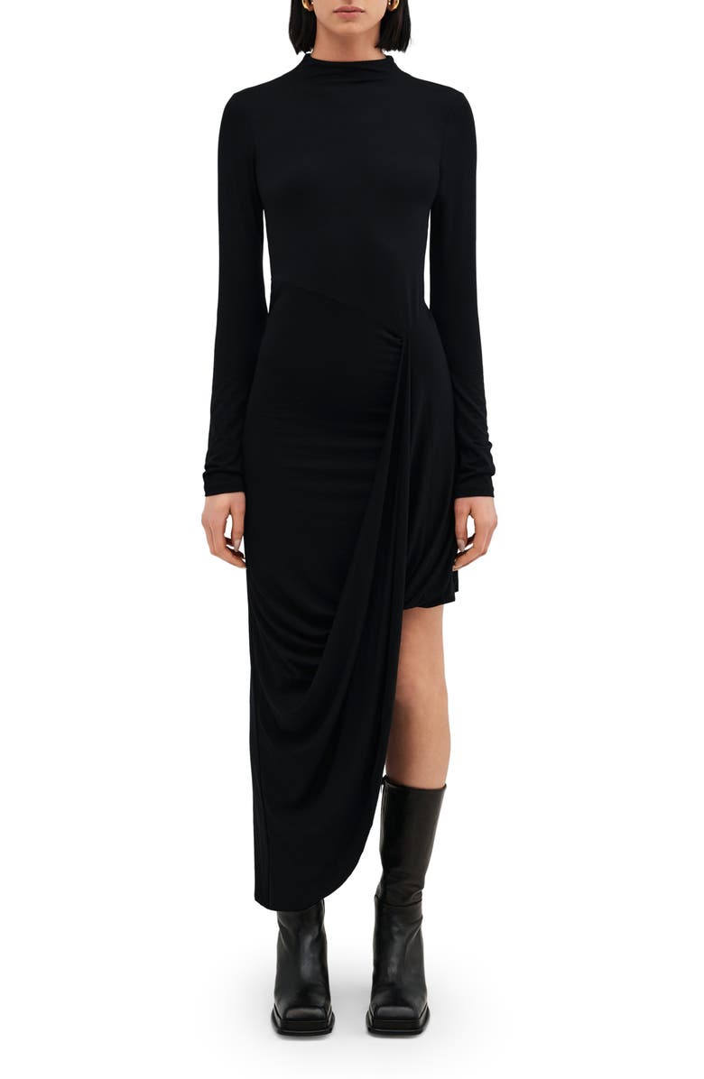 Two Lines by Marcella Lisbon Mock Neck Long Sleeve Maxi Dress, Main, color, Black