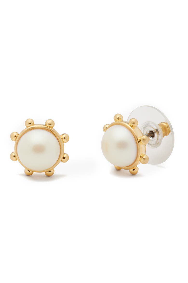 imitation pearl bezel stud earrings, Main, color, CREAM.