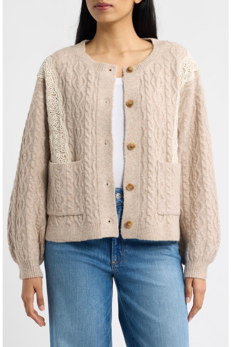 Lace Trim Cable Stitch Cardigan, Main, color, HEATHER TAUPE/ NATURAL