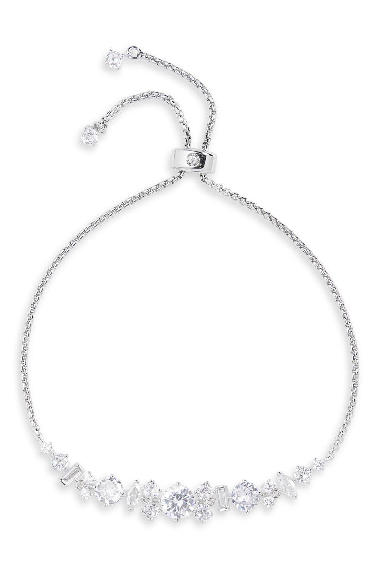 Cubic Zirconia Cluster Adjustable Bolo Bracelet, Main, color, RHODIUM