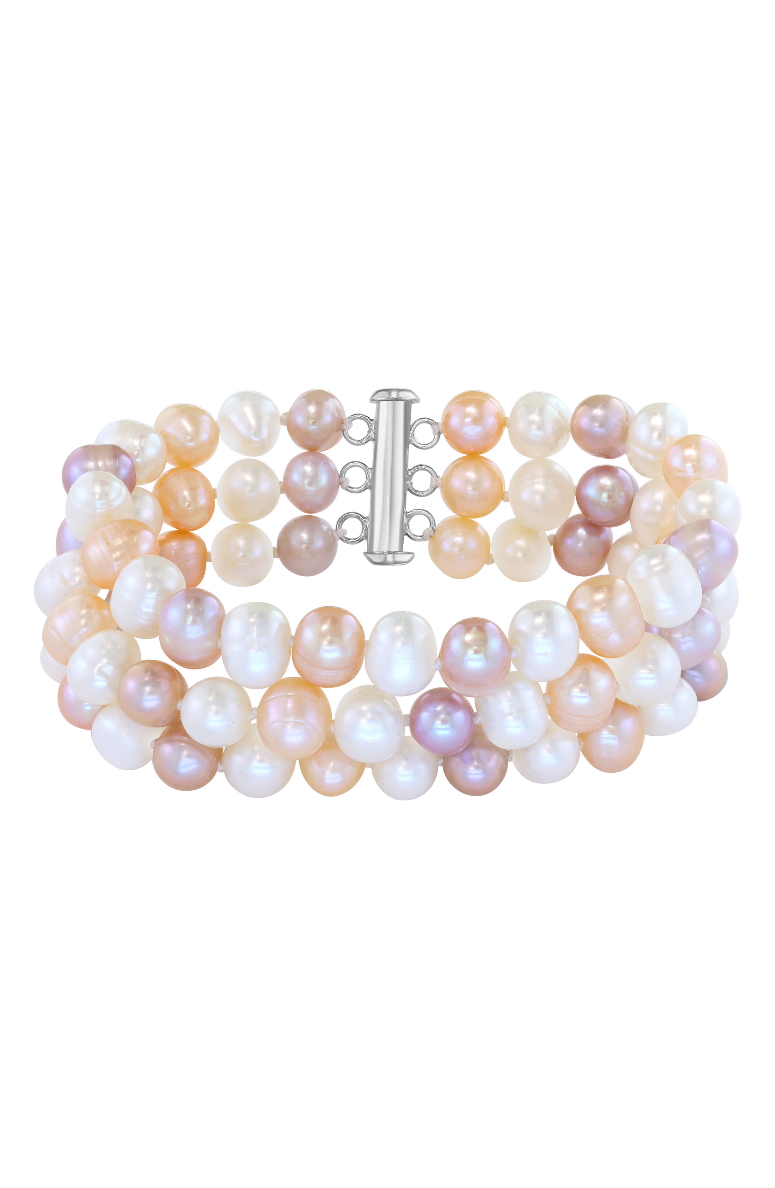 Three-Strand Sterling Silver Cultured Pearl Bracelet