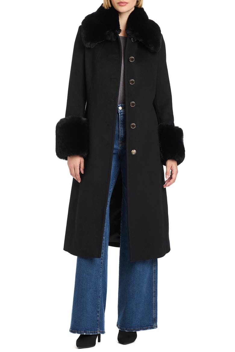 Faux Fur Trim Maxi Coat, Alternate, color, BLACK