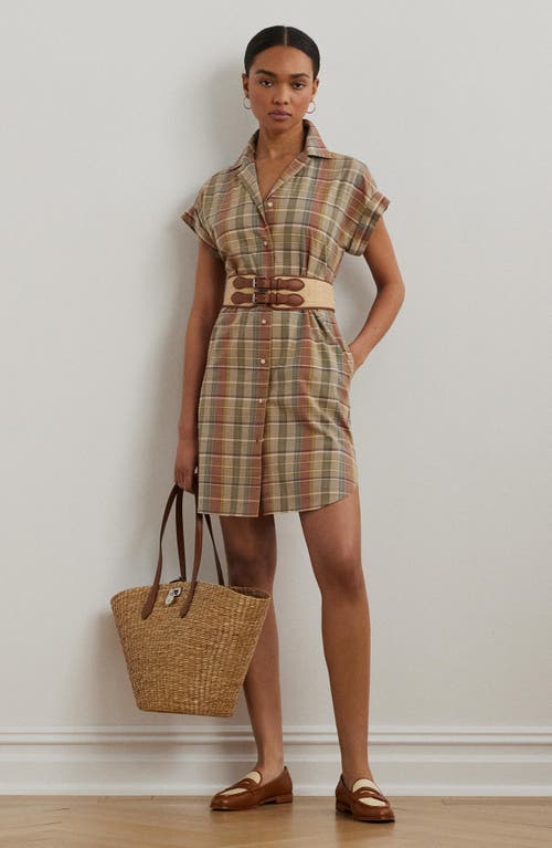 Shop Ralph Lauren Lauren  Madras Cotton Shirtress In Green/tan/blue Multi
