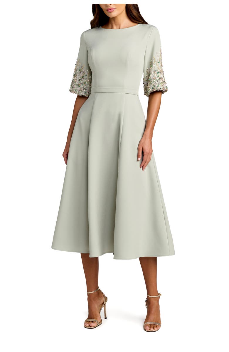 Mac Duggal Crepe A Line Midi Dress With Beaded Sleeves, Main, color, Sage