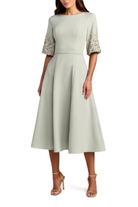 Crepe A Line Midi Dress With Beaded Sleeves