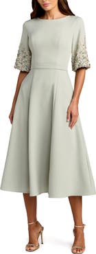 Mac Duggal Crepe A Line Midi Dress With Beaded Sleeves