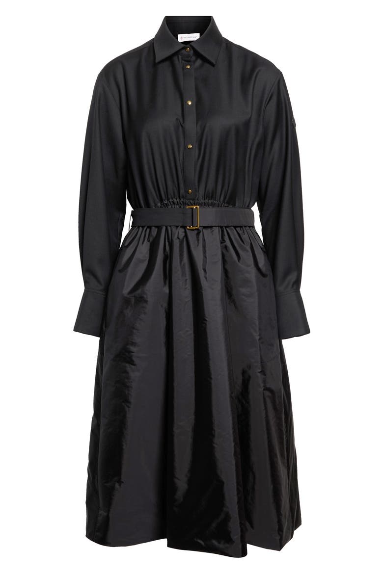 Mixed Media Long Sleeve Belted Wool & Nylon Shirtdress, Main, color, BLACK