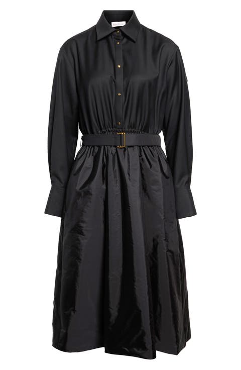 Mixed Media Long Sleeve Belted Wool & Nylon Shirtdress