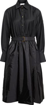 Moncler Mixed Media Long Sleeve Belted Wool & Nylon Shirtdress