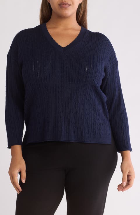 Popcorn & Pointelle Knit Sweater (Plus)