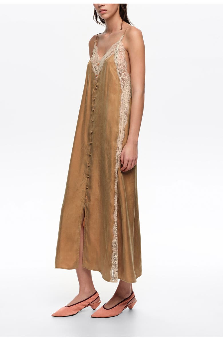 Bimba y Lola Slip Dress With Contrast Lace, Main, color, Toffee