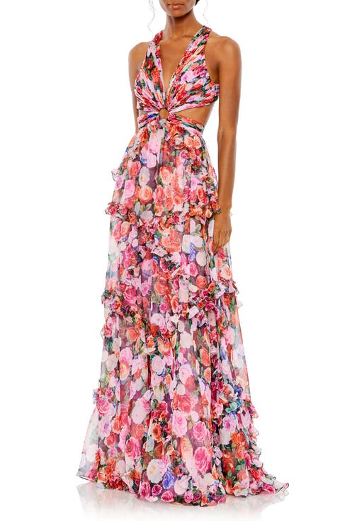 Ruffled Cut Out Sleeveless Gown