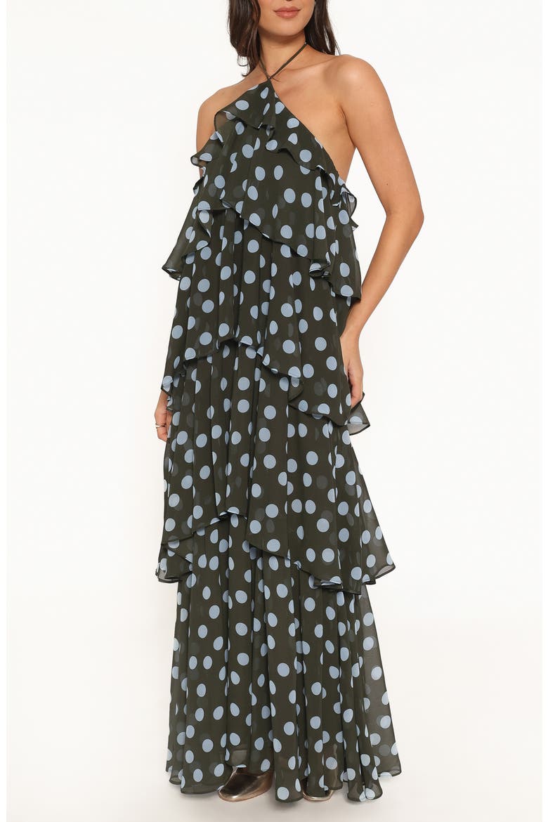 Chasity Halter Neck Tiered Maxi Dress, Alternate, color, OLIVE POLKA DOT