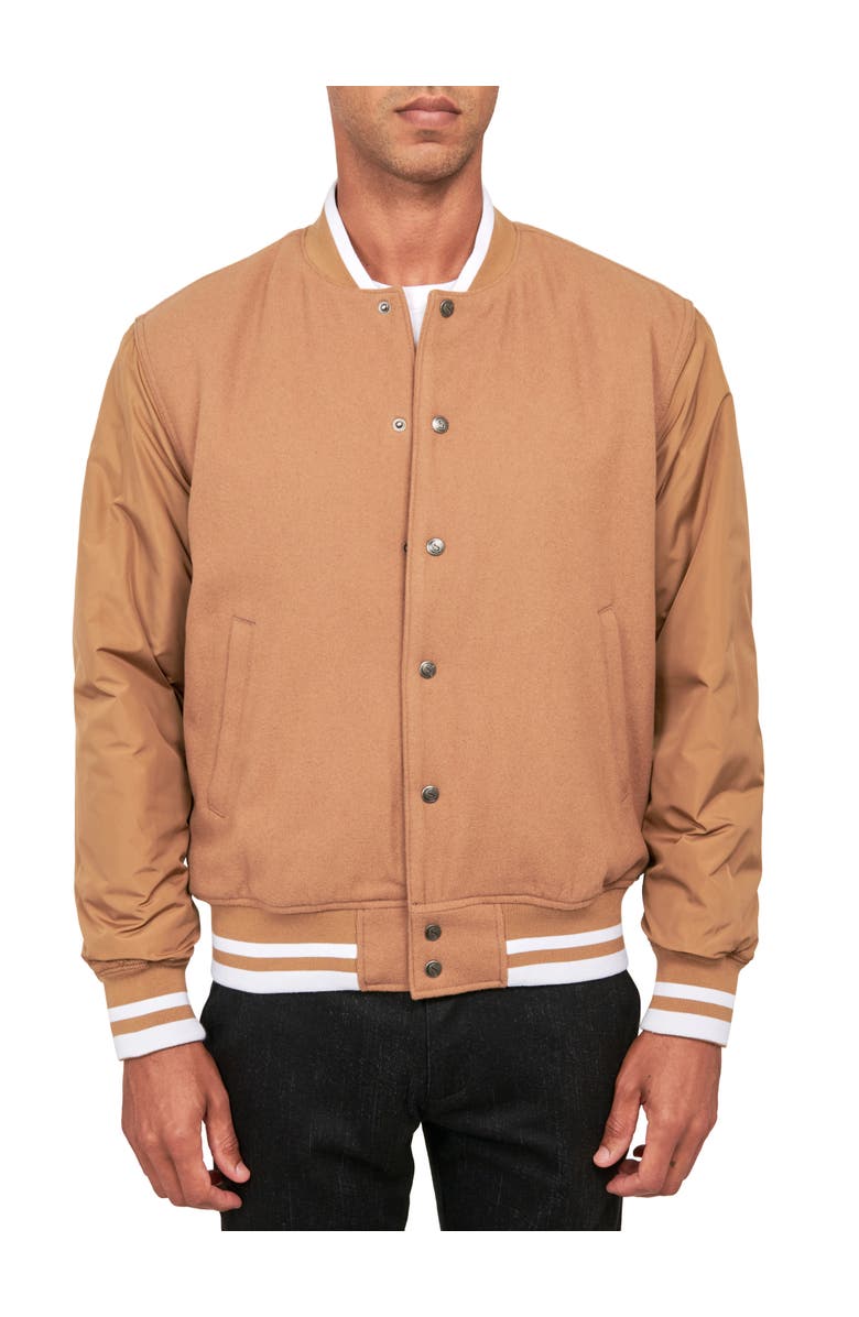 CONSTRUCT Solid Varsity Jacket, Main, color, Khaki