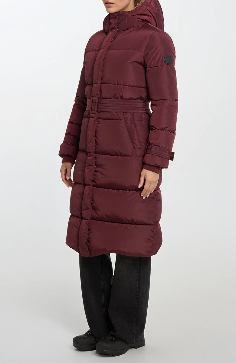 Noize Mara Belted Maxi Puffer Coat with Removable Hood, Alternate, color, Cherry