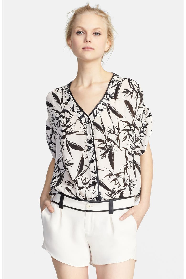 'Eugenie' Leather Trim Print Shirt, Main, color, BOTANICAL INK