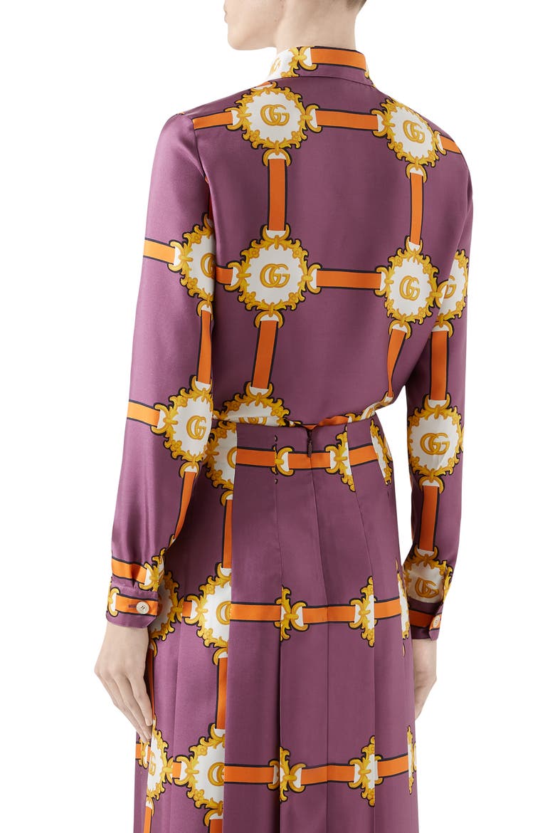 GG Doubloon Harness Print Silk Twill Blouse, Alternate, color, VIOLET/ ORANGE PRINT