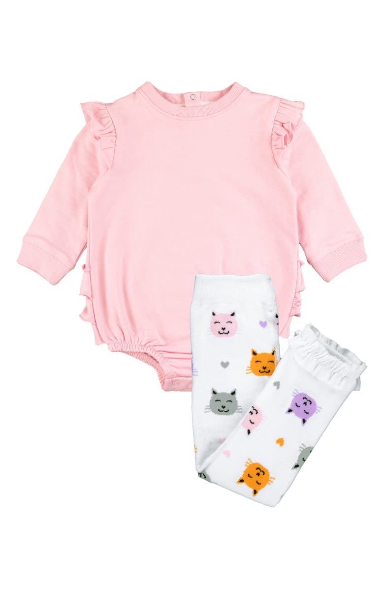 RuffleButts Sweatshirt Bubble Romper & Cat Leggings Set, Main, color, 