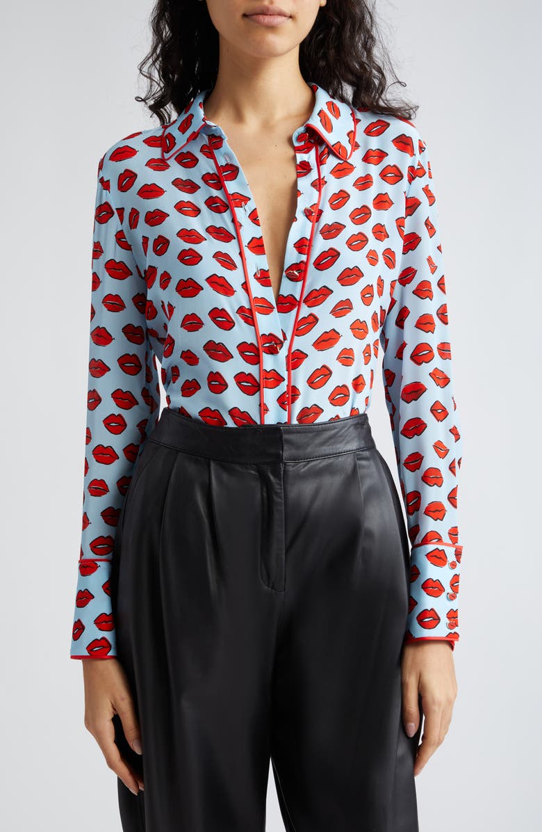 Alice + Olivia Willa Lip Print Piped Silk Shirt, Main, color,