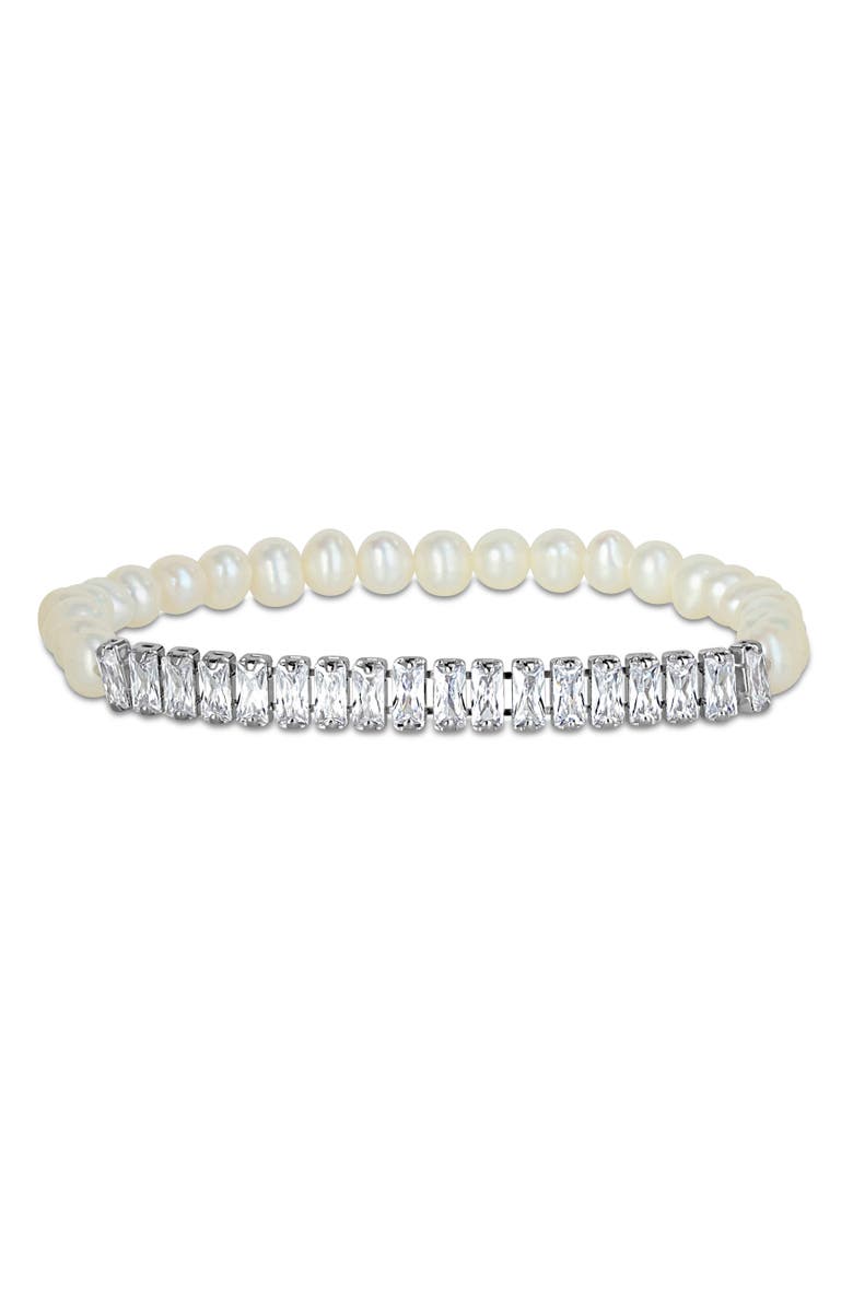 Julianna B. Cubic Zirconia & Cultured Pearl Bracelet, Main, color, Sterling Silver