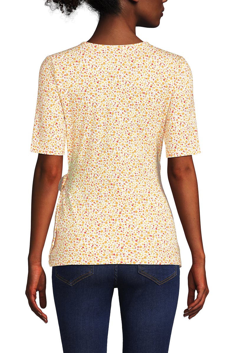 Lands' End Elbow Sleeve Lightweight Jersey Side Tie Blouse, Alternate, color, White/Periwinkle Tiny Stripe