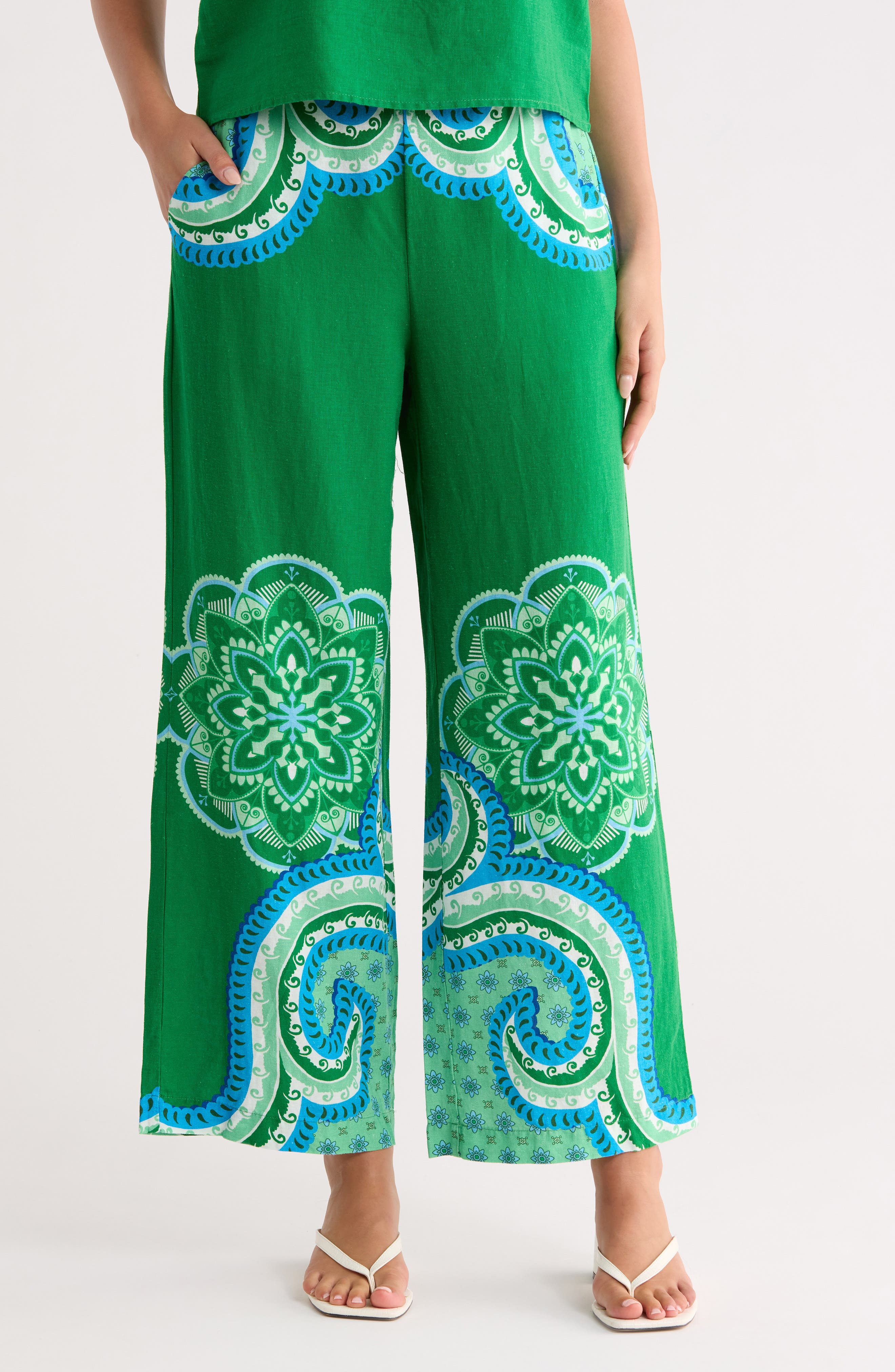 T Tahari Placed Print Linen Blend Pull-On Pants