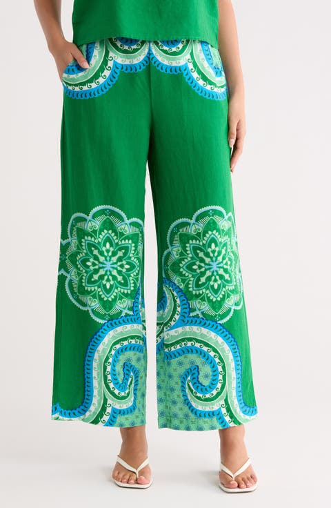 Placed Print Linen Blend Pull-On Pants
