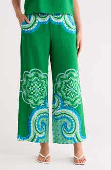 T Tahari Placed Print Linen Blend Pull-On Pants