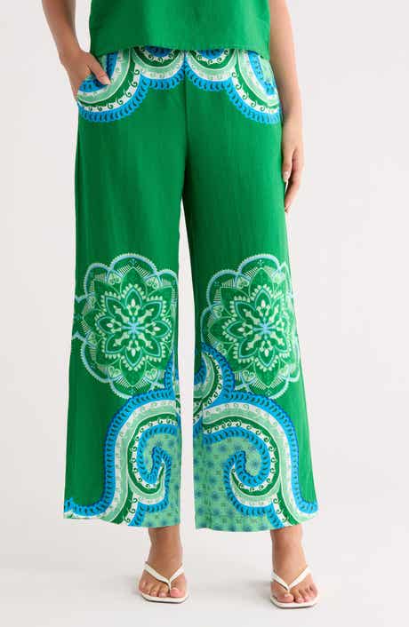 T Tahari Placed Print Linen Blend Pull-On Pants
