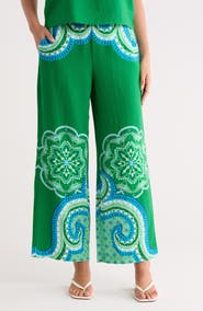 T Tahari Placed Print Linen Blend Pull-On Pants