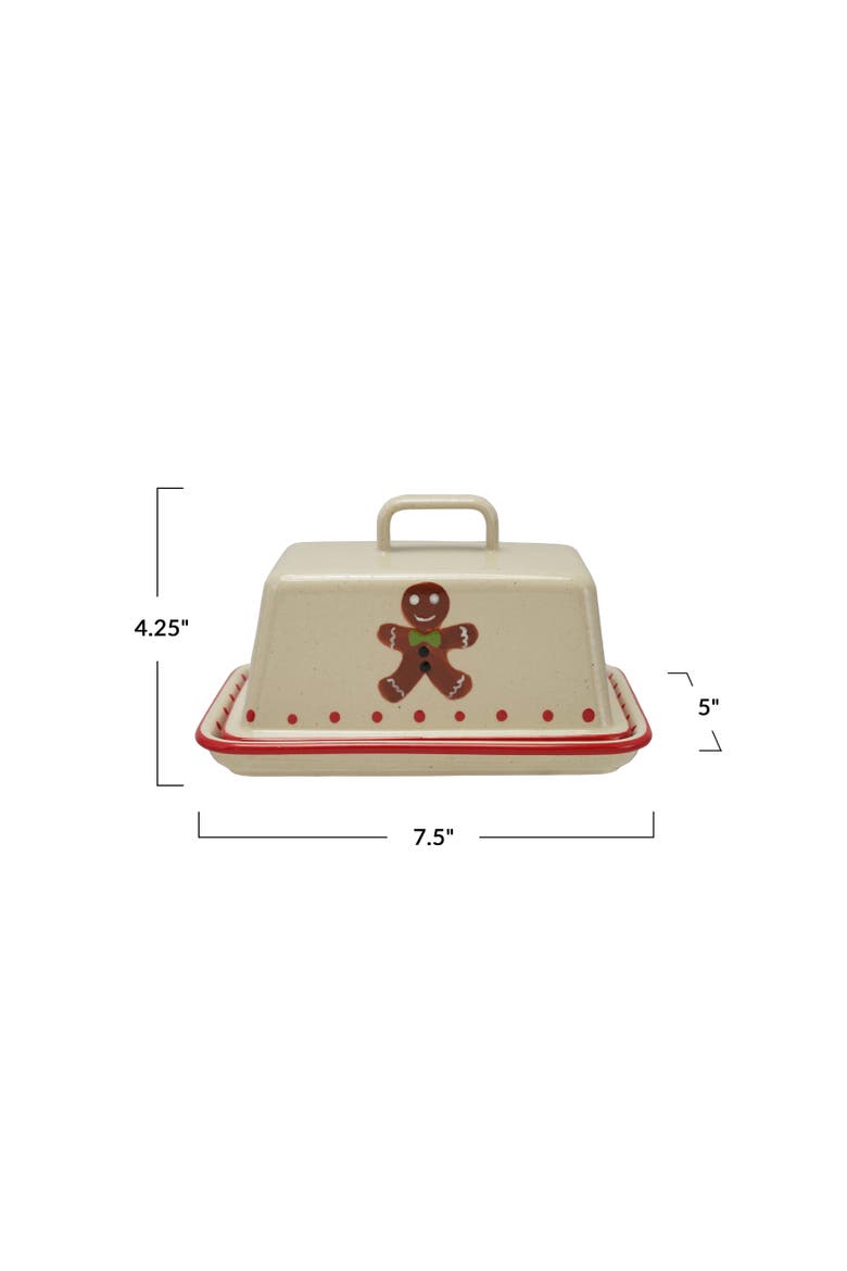 Gingerbread Man Hand-Painted Stoneware Butter Dish, Alternate, color, Multicolor