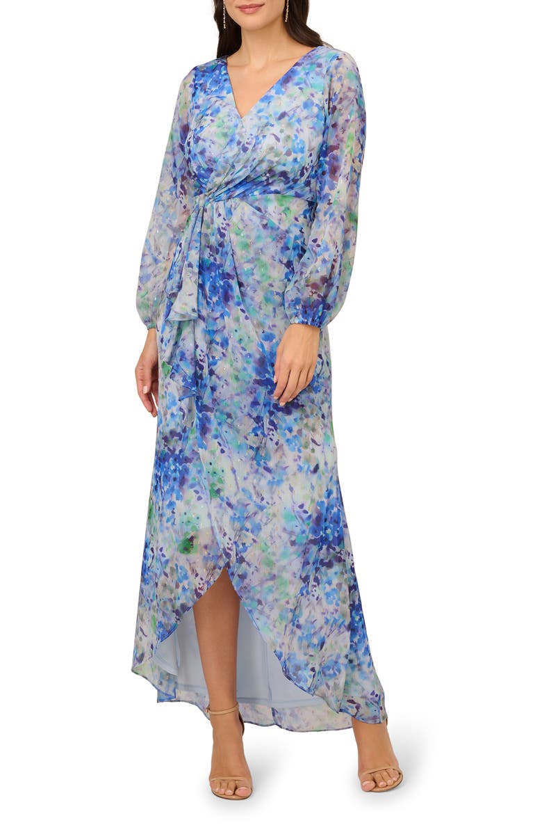 Adrianna Papell Floral Metallic Long Sleeve Chiffon High-Low Dress, Main, color,